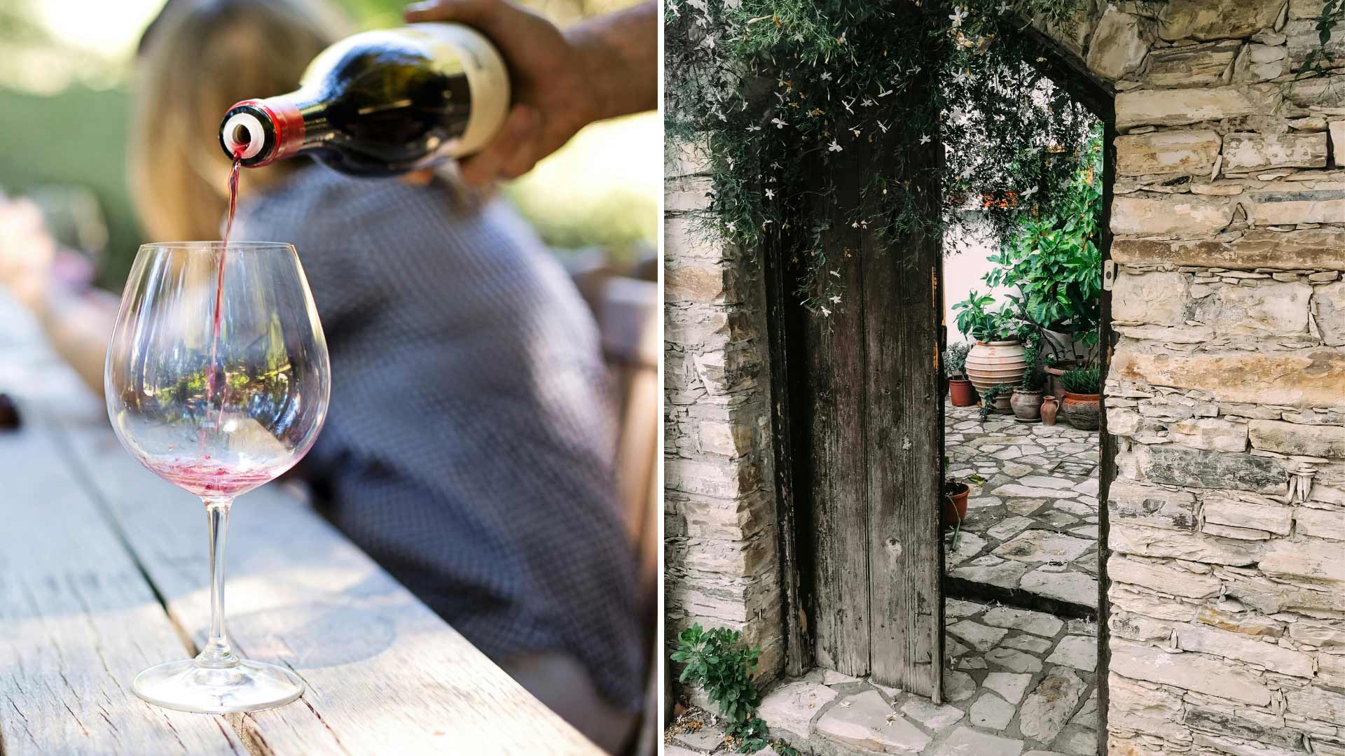 Person som häller vin ur en karaff, bild på innegård i cypern