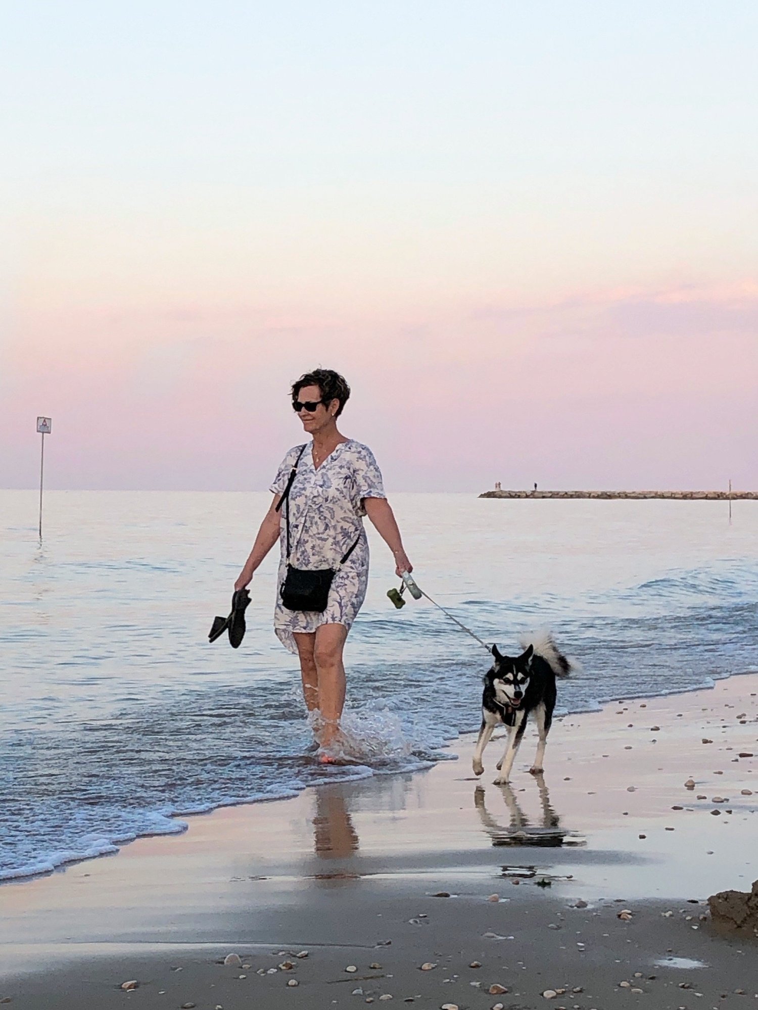 Lisa och luna, en kvinna och en hund som går längs vattnet